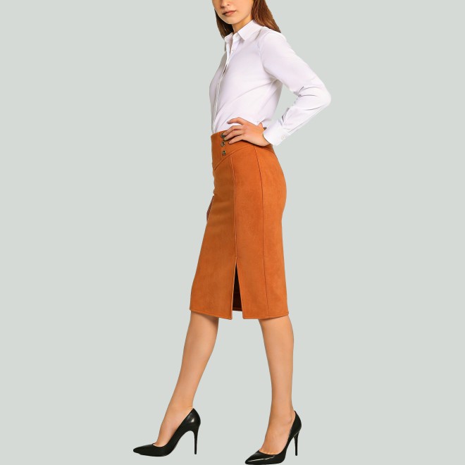 High Waist Side Seam Button Knit Bodycon Skirt