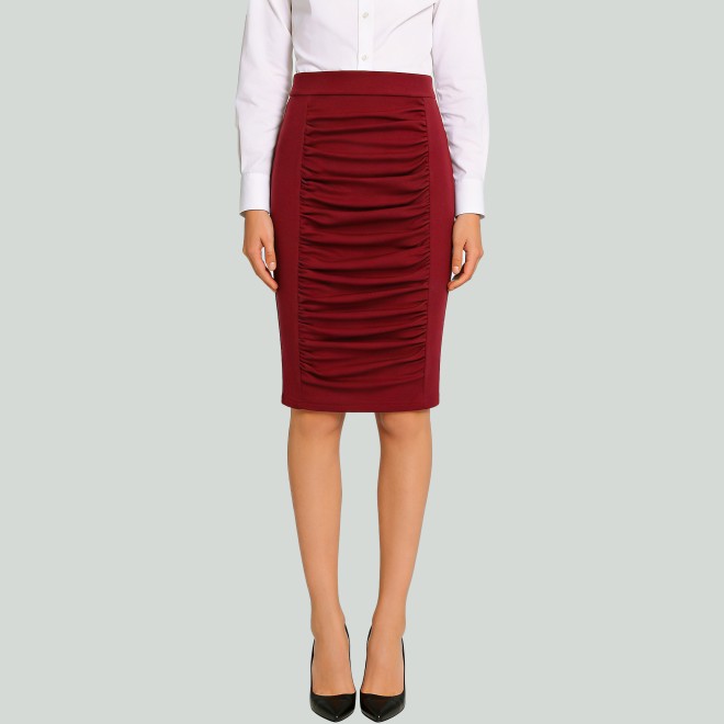 Front Pleated Elastic Waist Back Slit Pencil Skirt