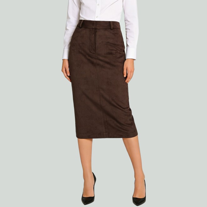 Brown Faux Suede High-Waist Pencil Skirt