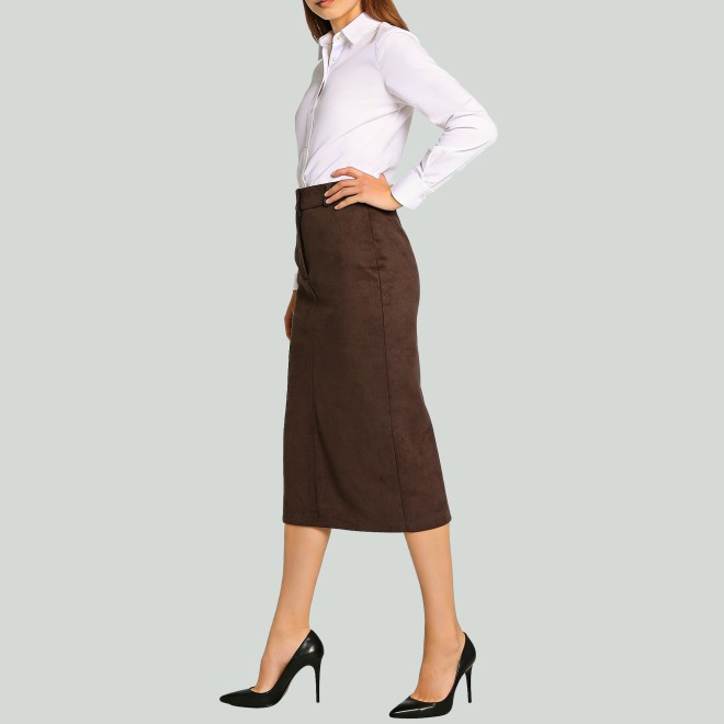 Brown Faux Suede High-Waist Pencil Skirt