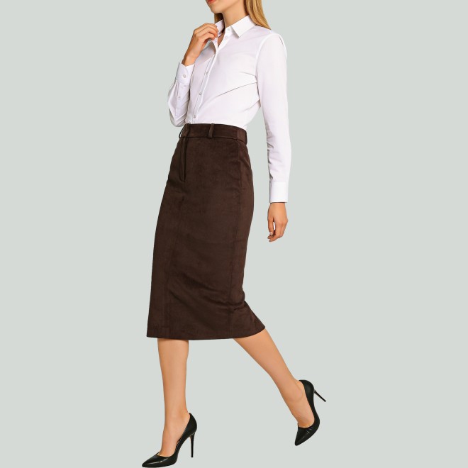 Brown Faux Suede High-Waist Pencil Skirt