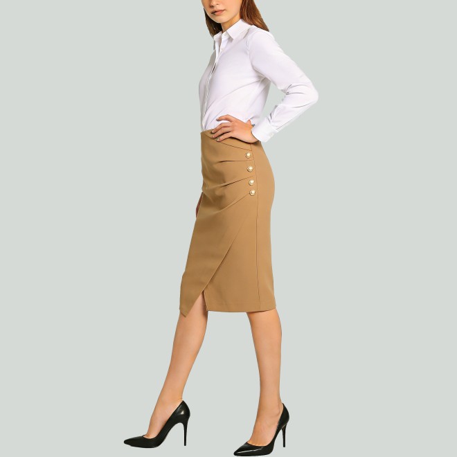 Asymmetric Side Slit Button Trim Draped Hem Pencil Skirt