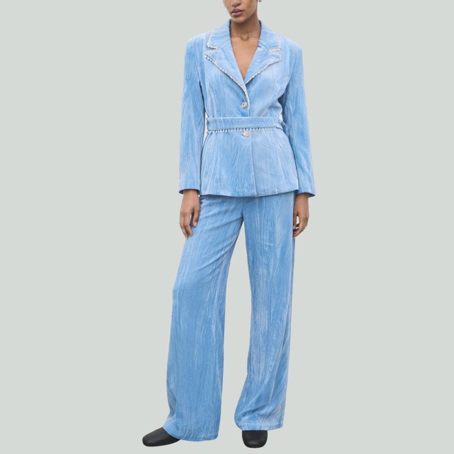 Formal Velvet Beaded Blazer and High-Waist Trousers Set
