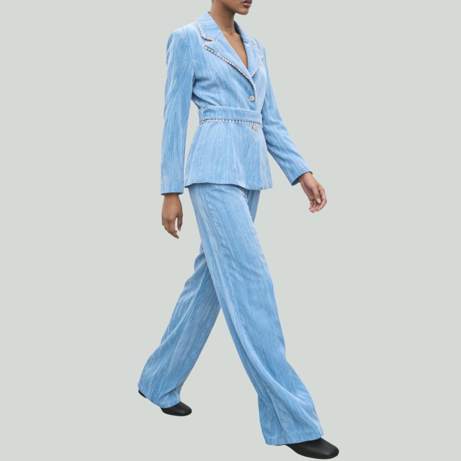 Formal Velvet Beaded Blazer and High-Waist Trousers Set