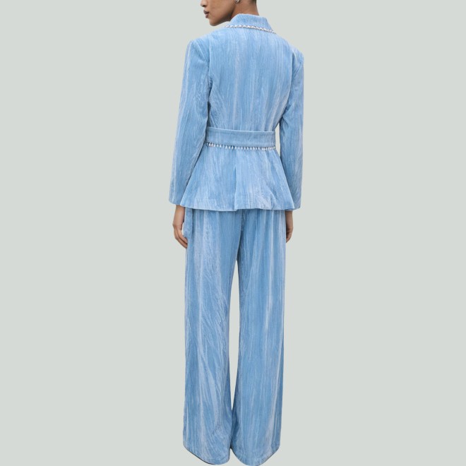 Formal Velvet Beaded Blazer and High-Waist Trousers Set