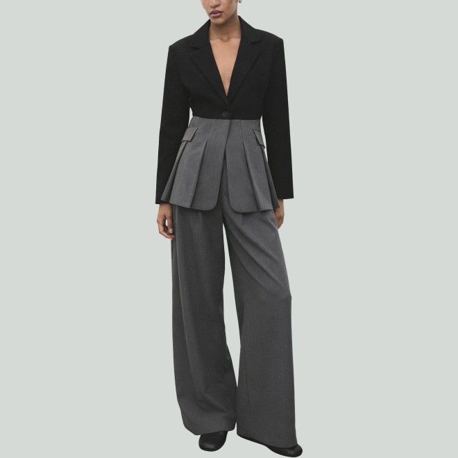 Casual Contrast Color Patchwork Wide-Leg Pants and Blazer Set