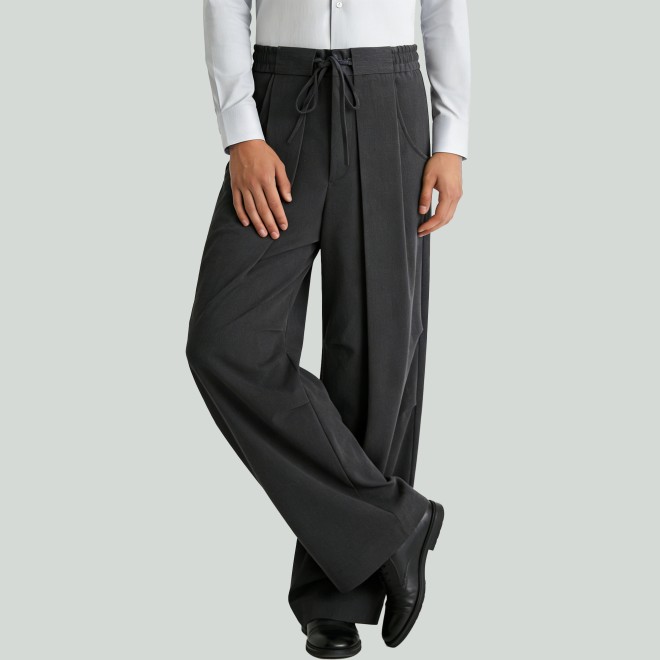 Gray Draped Drawstring Wide-Leg Pants