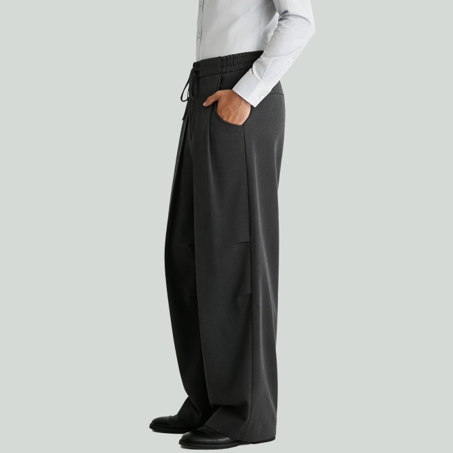 Gray Draped Drawstring Wide-Leg Pants