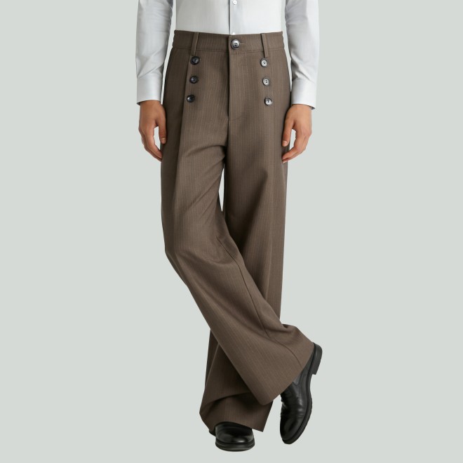 Button Flat Waist Retro Striped Straight Leg Pants