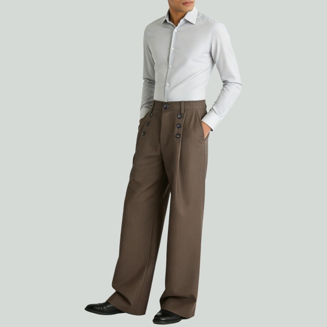 Button Flat Waist Retro Striped Straight Leg Pants